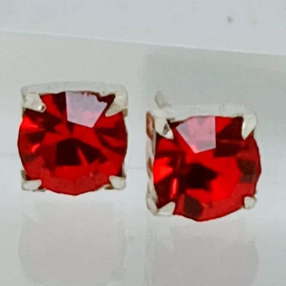 Vintage 90s Sterling Silver 925 Red Crystal Round Stud Earring Solitaire Classic